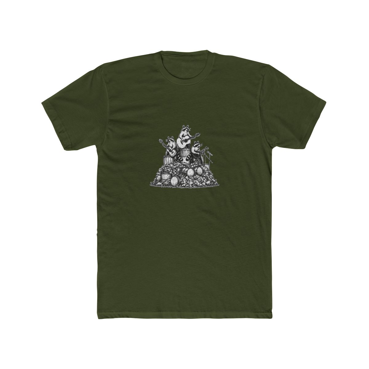 Dark grey T Shirt with the text "MORE TRASH CAN LESS TRASH CAN'T". The shirt features a graphic of raccoons playing musical instruments on top of a pile of trash and drums