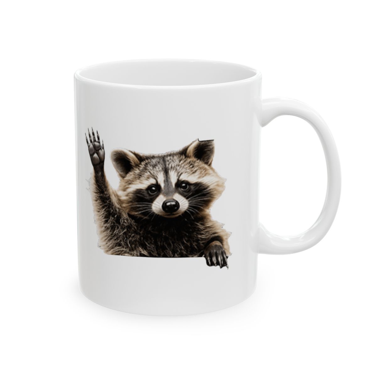Black coffee mug featuring a white graphic of a raccoon in a bin. The text reads "It's a trash can, not a trash can't"