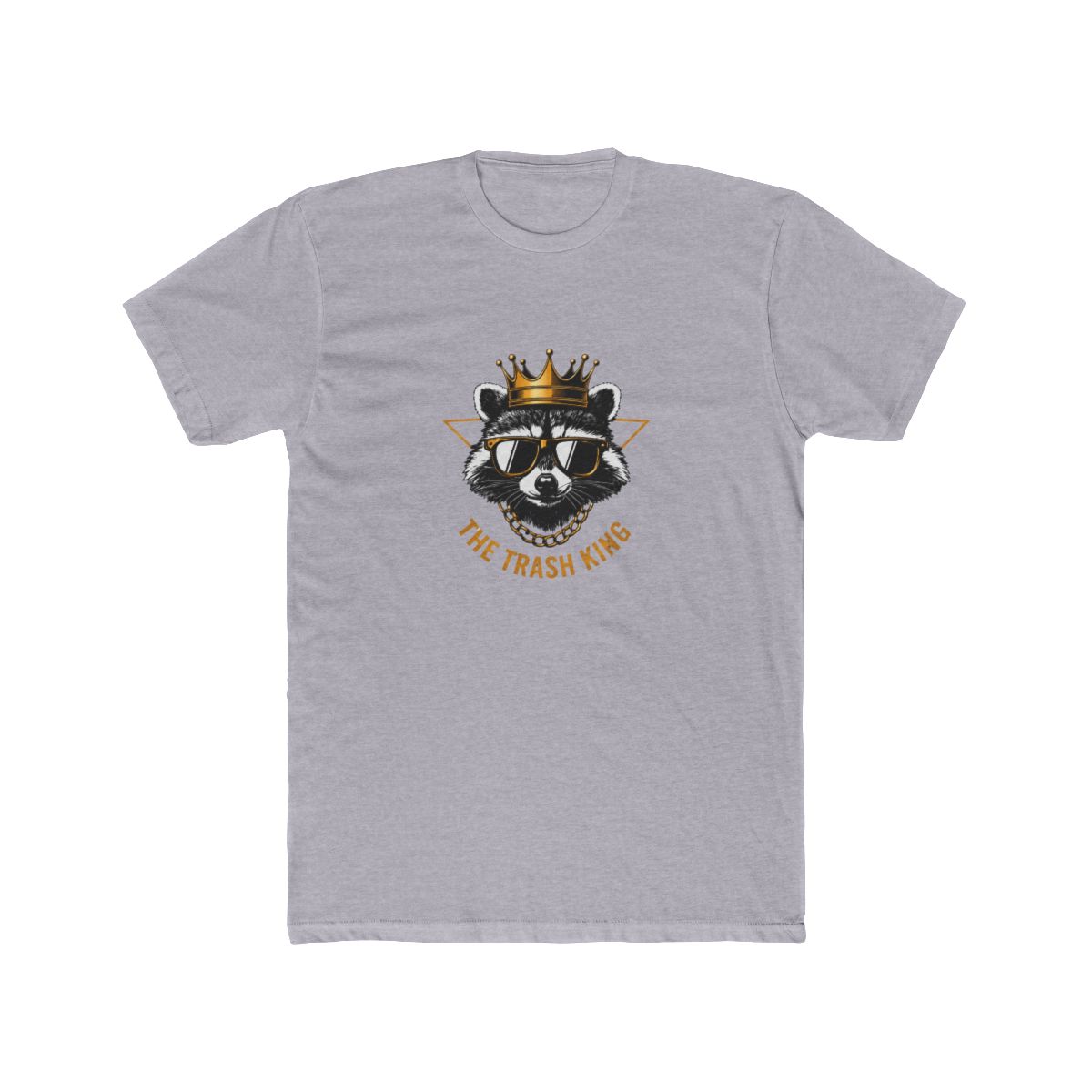 White T Shirt with a graphic of a raccoon wearing sunglasses and a gold crown, with the text "THE TRASH KING" in gold. The raccoon is set against a gold triangle. The shirt has a relaxed, oversized...