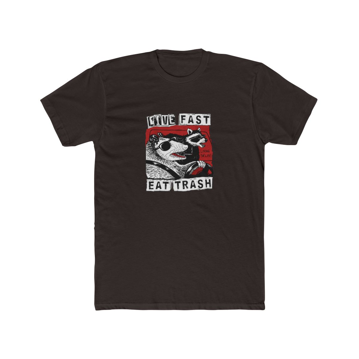Black T Shirt featuring a graphic of two animals wearing sunglasses and driving a car. The text "Live Fast Eat Trash" is printed on the shirt. The text "Living the Life!" is printed on the graphic - alternate angle 5, merchandise