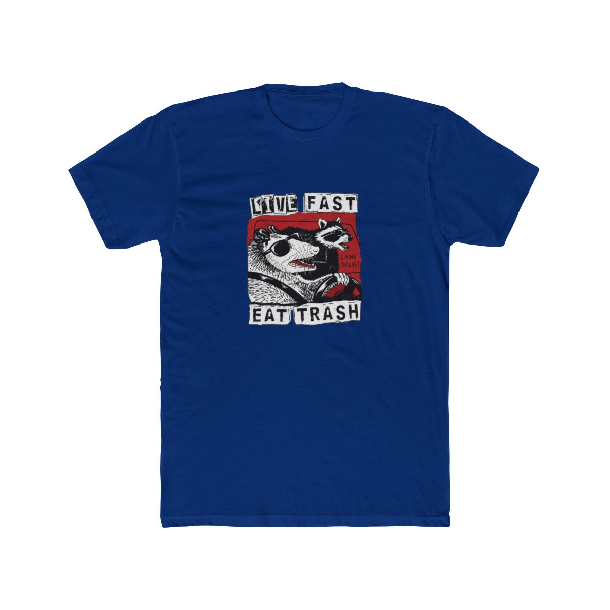 Black T Shirt featuring a graphic of two animals wearing sunglasses and driving a car. The text "Live Fast Eat Trash" is printed on the shirt. The text "Living the Life!" is printed on the graphic - alternate angle 2, merchandise