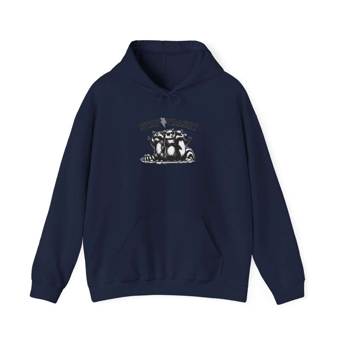 A light grey hoodie featuring the phrase "STAY TRASHY" and a black and white illustration of three raccoons wearing sunglasses. The raccoons are the main focus of the design - alternate angle 4, merchandise
