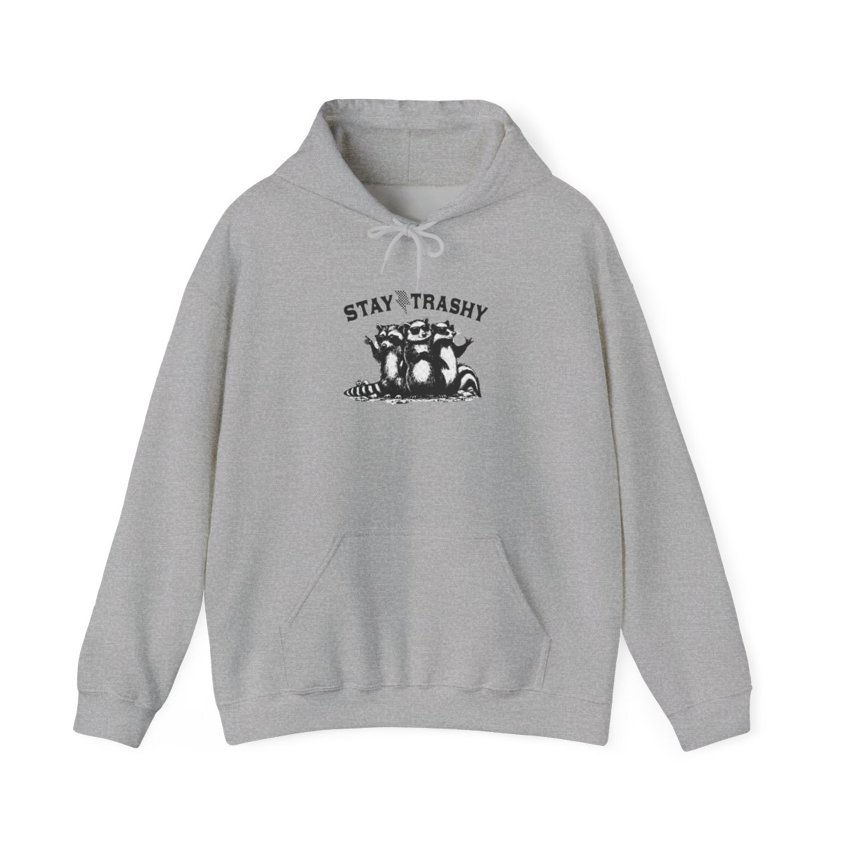 A light grey hoodie featuring the phrase "STAY TRASHY" and a black and white illustration of three raccoons wearing sunglasses. The raccoons are the main focus of the design - alternate angle 5, merchandise