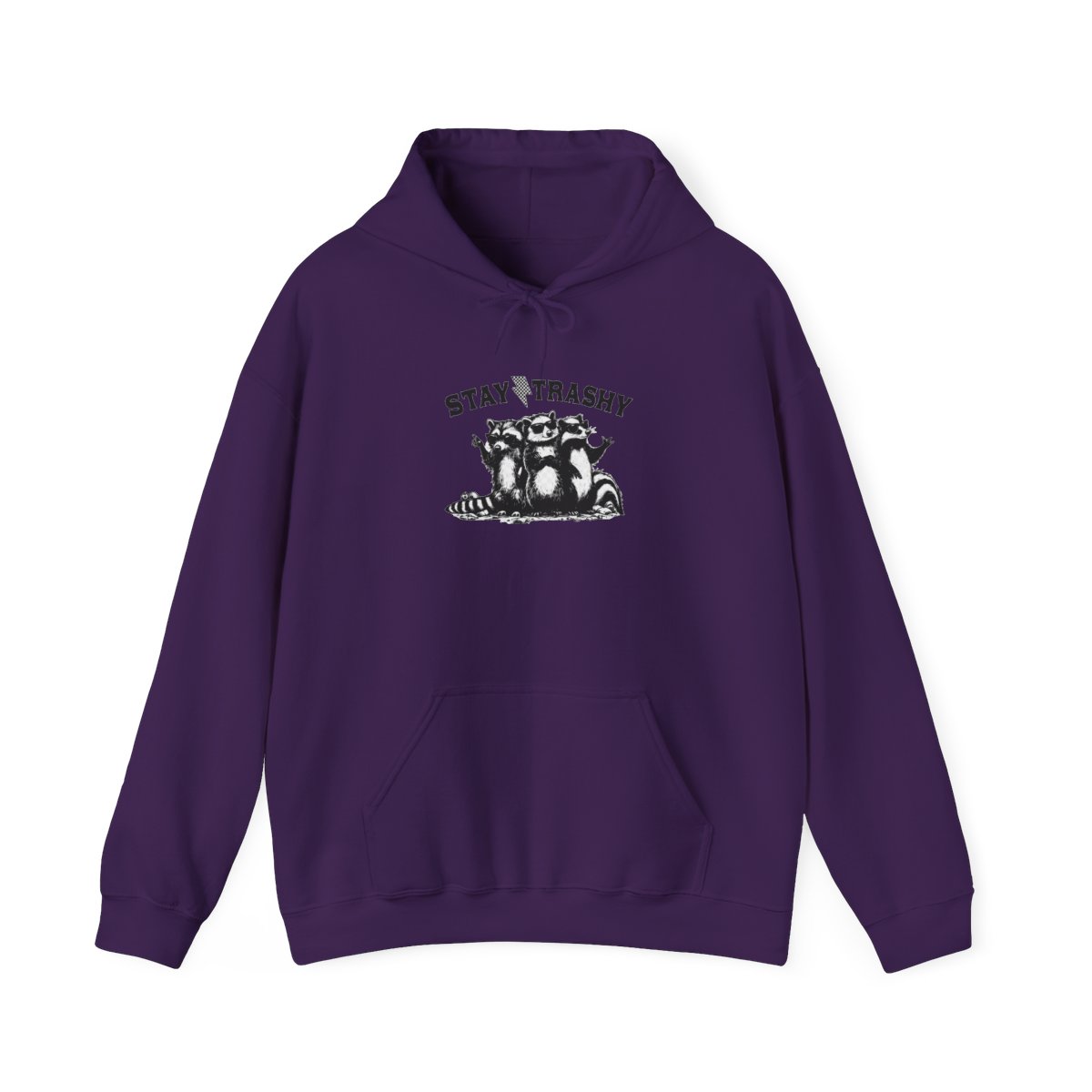 A light grey hoodie featuring the phrase "STAY TRASHY" and a black and white illustration of three raccoons wearing sunglasses. The raccoons are the main focus of the design - alternate angle 2, merchandise