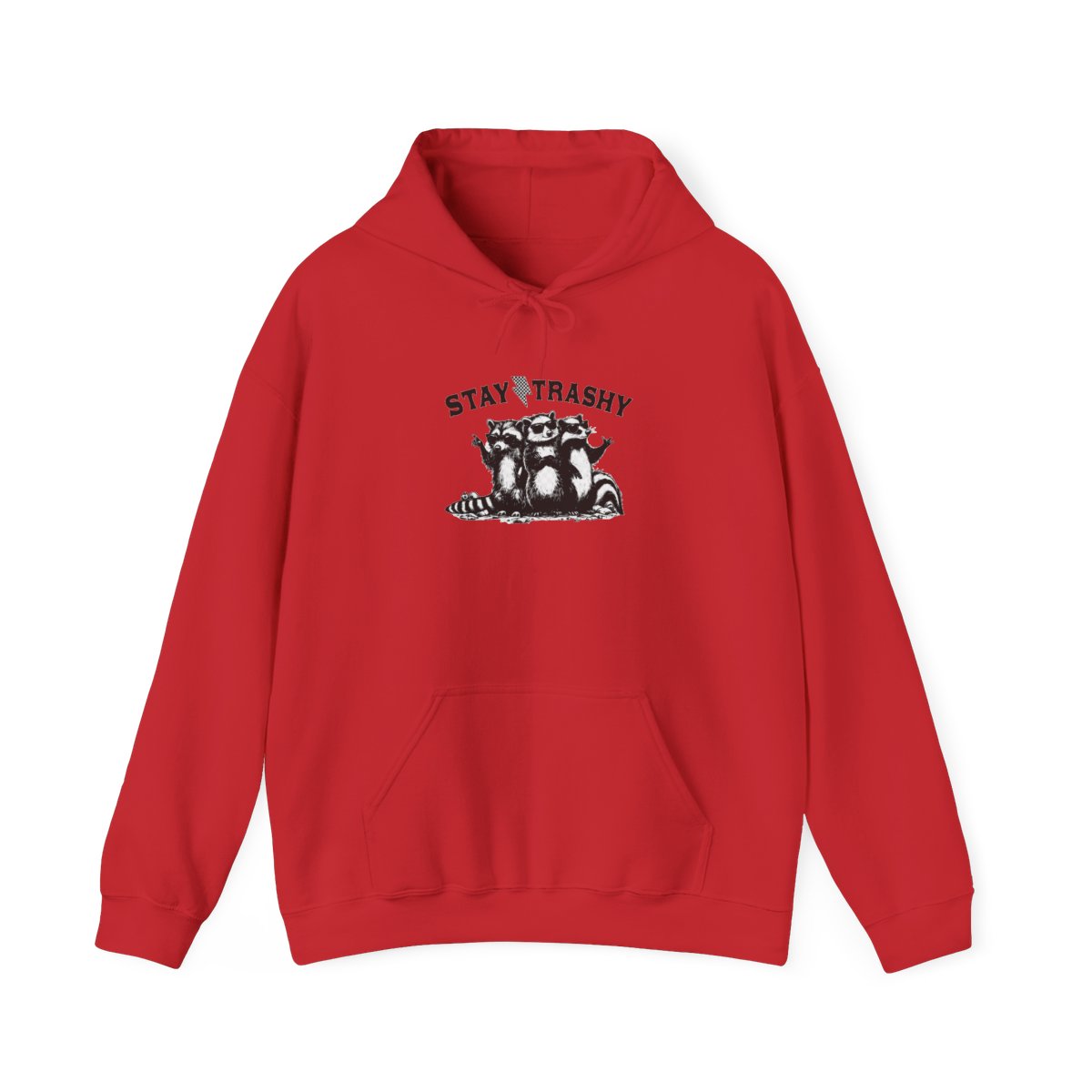 A light grey hoodie featuring the phrase "STAY TRASHY" and a black and white illustration of three raccoons wearing sunglasses. The raccoons are the main focus of the design - Official Hoodies merchandise