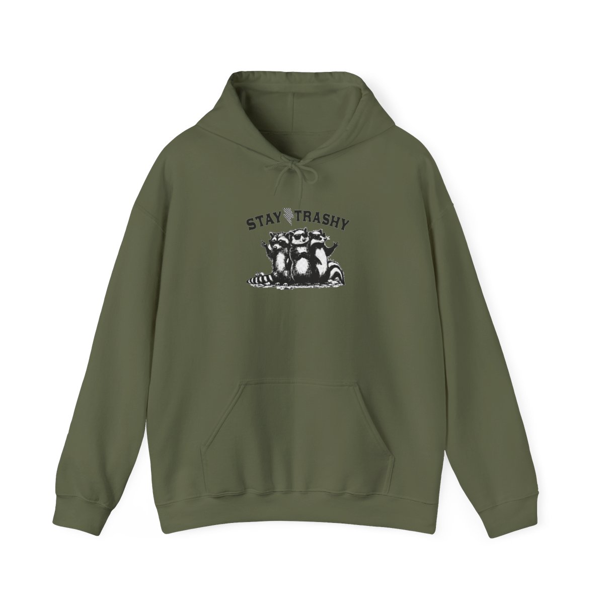 A light grey hoodie featuring the phrase "STAY TRASHY" and a black and white illustration of three raccoons wearing sunglasses. The raccoons are the main focus of the design - alternate angle 3, merchandise